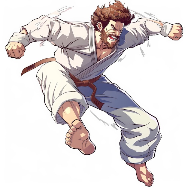 Un hombre barbudo con un uniforme blanco de karate con un cinturón marrón en el aire ejecutando una poderosa patada con una expresión agresiva en su cara