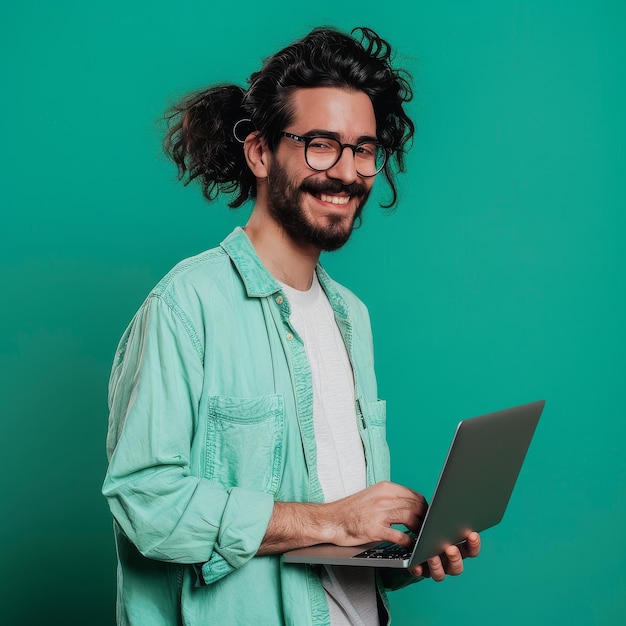 Foto hombre barbudo usando una computadora portátil