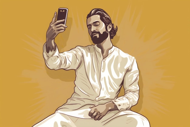 Hombre barbudo vestido de blanco tomando una selfie con su teléfono inteligente