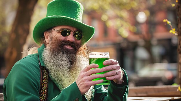 Foto hombre barbudo vestido para la celebración del día de san patricio bebiendo cerveza