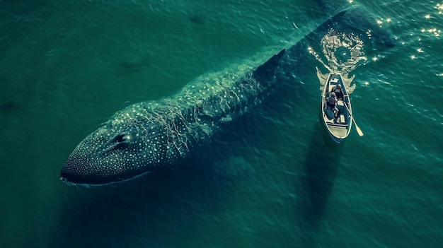 Hombre en un barco flota junto a una gran ballena generativa Ai