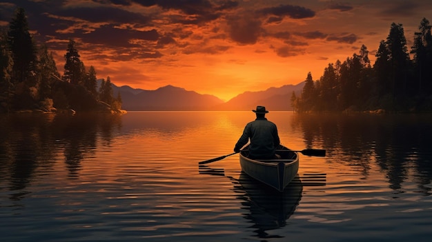 Un hombre en un barco en un lago al atardecer