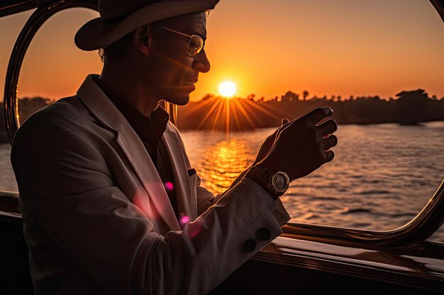 Foto un hombre en un barco mirando su teléfono celular generative ai