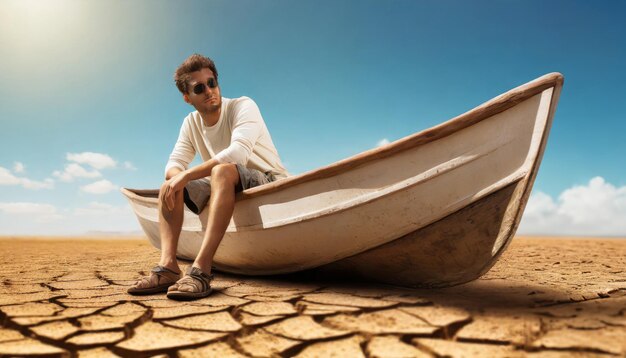 hombre en un barco perdido en el desierto de arena seca sin agua