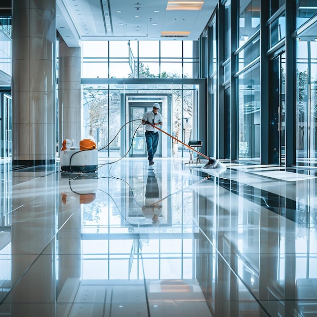 Foto un hombre está barriendo el piso en un gran edificio de oficinas