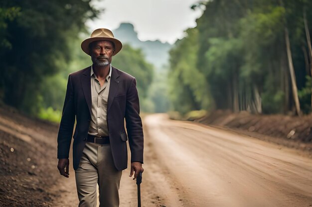 un hombre con un bastón camina por un camino de tierra