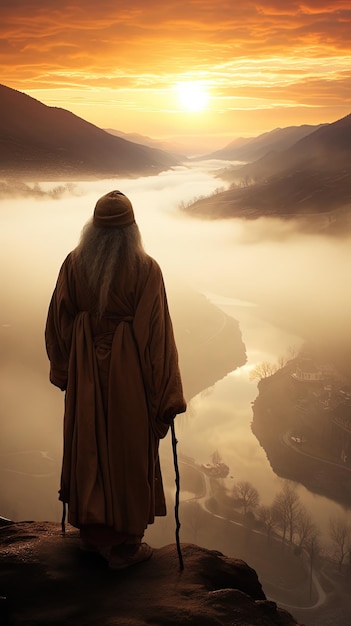 un hombre con un bastón está de pie en las nubes con el sol poniéndose detrás de él.