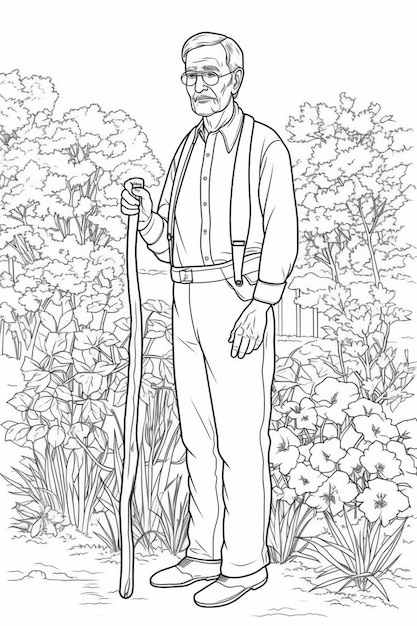 un hombre con un bastón de pie en un jardín con flores generativas ai