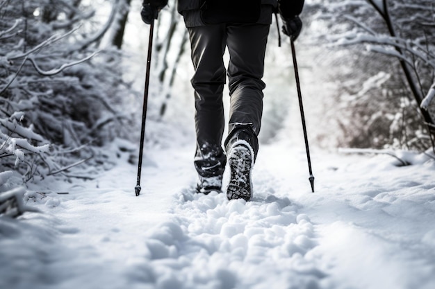 Un hombre con bastones de senderismo se dedica a la marcha nórdica en invierno por un sendero cubierto de nieve