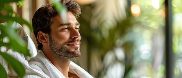 Un hombre en bata de baño relajándose después del spa con un telón de fondo de naturaleza y un gran espacio para texto o producto IA generativa