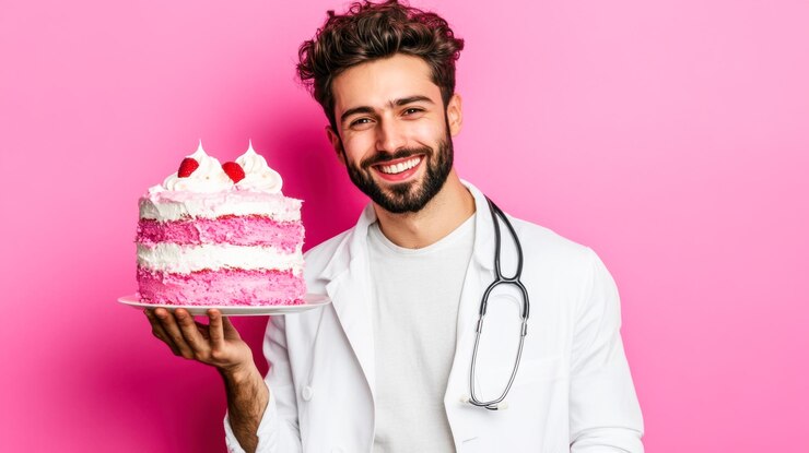 Un hombre con una bata blanca está sosteniendo un pastel rosa