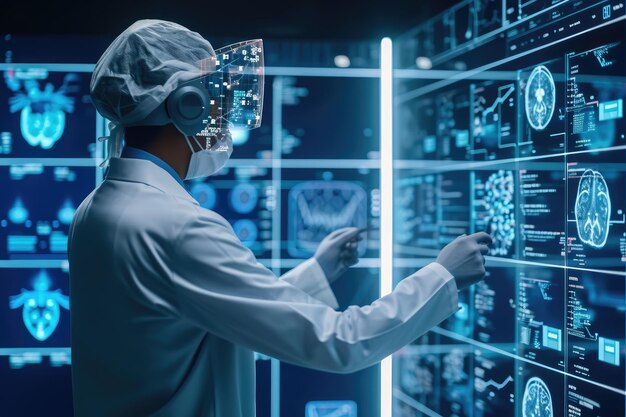 Foto un hombre con una bata blanca examina cuidadosamente una pantalla con varias imágenes médicas una ia ayudando a un médico a diagnosticar una enfermedad