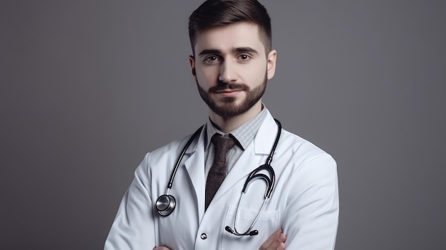 Un hombre con una bata blanca de laboratorio y un estetoscopio en el cuello está de pie con los brazos cruzados.