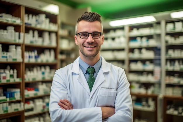 Un hombre con una bata blanca de laboratorio se para frente a un estante de medicamentos.