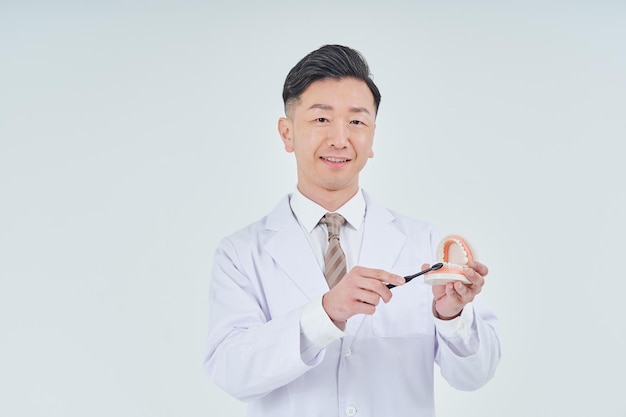 Un hombre de bata blanca con un modelo dental.