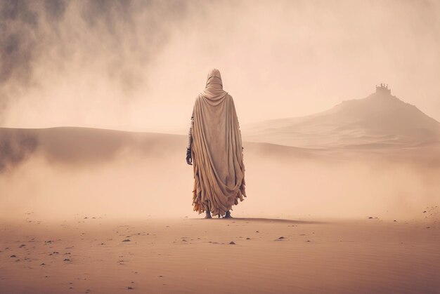 Hombre con bata blanca de pie en las arenas del desierto durante la tormenta Arena en una neblina polvorienta AI generativa