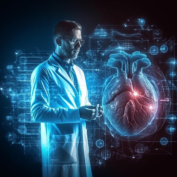 Un hombre con una bata de laboratorio y anteojos se para frente a un corazón con una pantalla digital de un corazón.