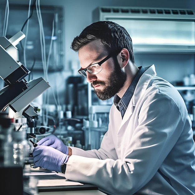 Un hombre con bata de laboratorio está mirando a través de un microscopio.