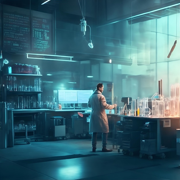 Un hombre con una bata de laboratorio está parado frente a una gran pantalla.