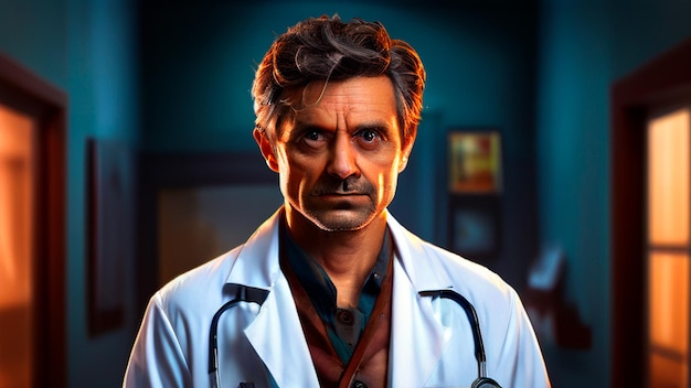un hombre con una bata de laboratorio está de pie frente a un cartel que dice doctor