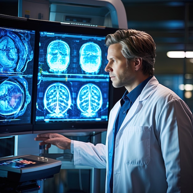 un hombre con una bata de laboratorio está de pie frente a un monitor con el cerebro del cerebro en él