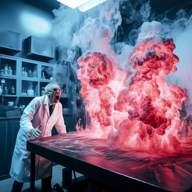 un hombre con bata de laboratorio está trabajando en una mesa con humo rojo y azul.
