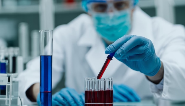 Un hombre con bata de laboratorio y guantes está vertiendo un líquido rojo en un tubo de ensayo