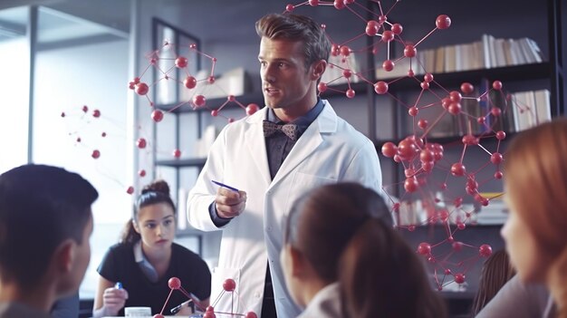 Un hombre con una bata de laboratorio habla con un grupo de personas en un aula.