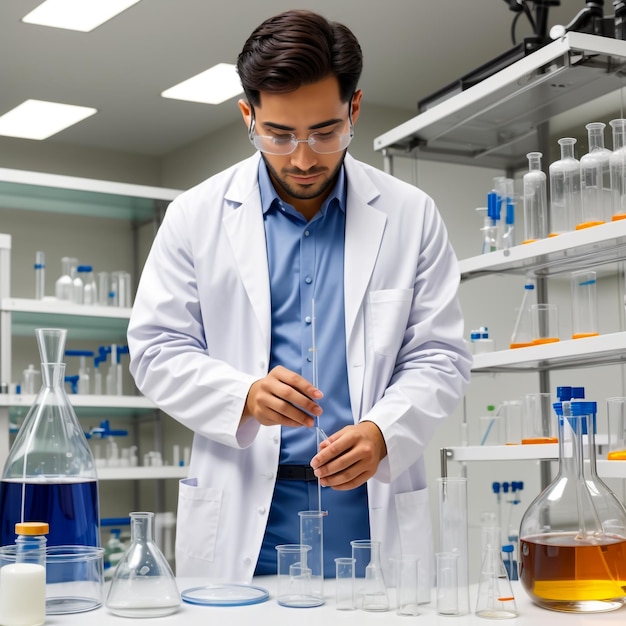 un hombre con una bata de laboratorio haciendo un experimento científico