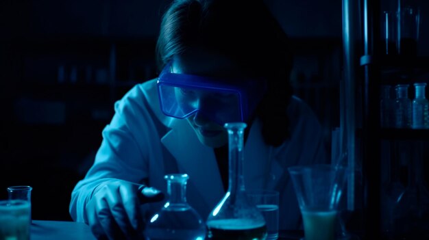 Foto un hombre con una bata de laboratorio lleva gafas de seguridad y sostiene una taza