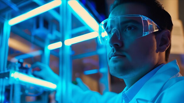 Foto un hombre con bata de laboratorio mirando algo.