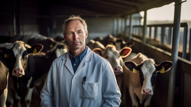 un hombre con una bata de laboratorio de pie frente a las vacas