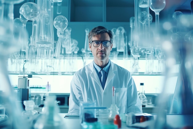 Un hombre con una bata de laboratorio se sienta en una mesa con muchos vasos de precipitados y una cristalería con las palabras 'trabajador de laboratorio'