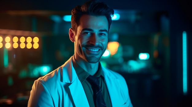 Un hombre con una bata de laboratorio sonríe a la cámara.