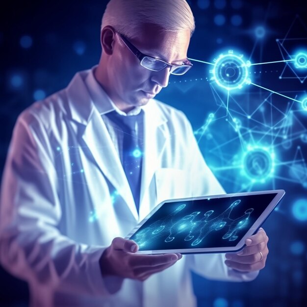 Foto un hombre con una bata de laboratorio sostiene una tableta con números.