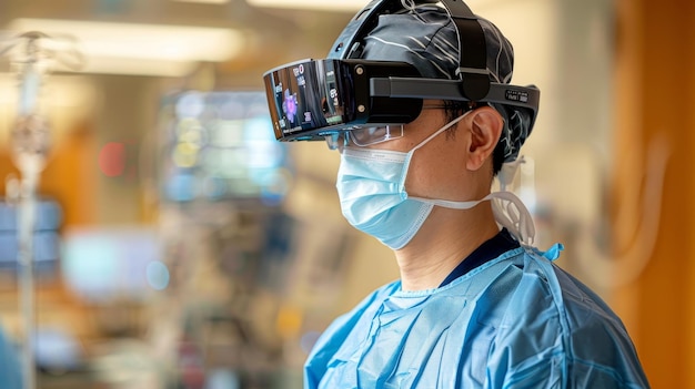 Un hombre con una bata quirúrgica azul está usando un auricular de realidad virtual está usando una máscara y guantes