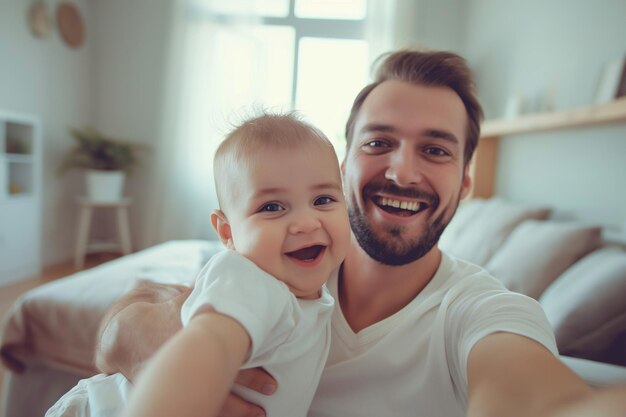 Un hombre y un bebé están sonriendo y tomados de la mano.