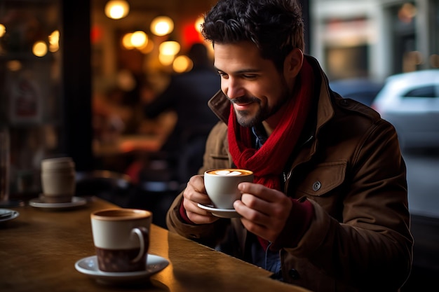 un hombre bebiendo una taza de café creado por tecnología de IA generativa