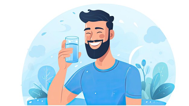Un hombre bebiendo un vaso de agua con una cara feliz Beba más Concepto de estilo de vida y atención médica del agua Dibujado a mano en ilustraciones de estilo de línea delgada