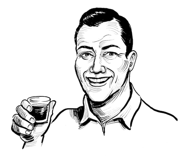 Hombre bebiendo un vaso de whisky dibujo en blanco y negro