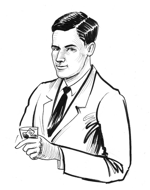 Hombre bebiendo un vaso de whisky. Dibujo a tinta en blanco y negro