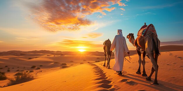 Foto hombre bereber liderando una caravana de camellos al atardecer