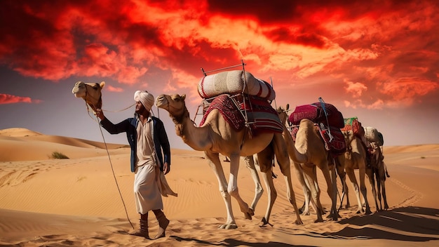 Foto hombre bereber liderando una caravana de camellos en el desierto del sáhara