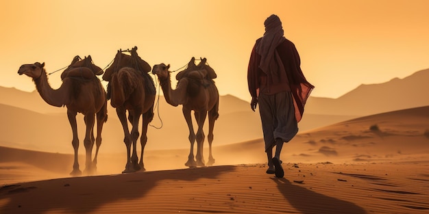 Hombre bereber liderando una caravana de camellos