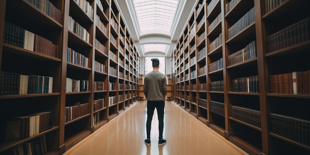 Un hombre se para en una biblioteca con estanterías en los estantes.