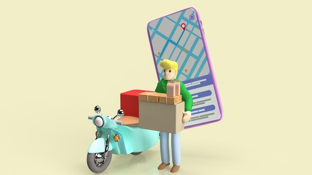 El hombre y la bicicleta para la aplicación de entrega o la representación 3d del concepto de negocio