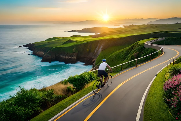 Un hombre va en bicicleta por una carretera con el sol poniéndose detrás de él.