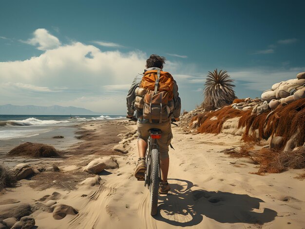 Un hombre en bicicleta en la playa En bicicleta junto al mar Viaje en solitario Estilo de vida saludable