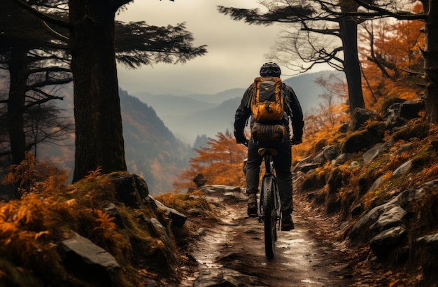 Un hombre en bicicleta a través de un sendero forestal pintoresco un ciclista de montaña en un sendero de montaña durante el otoño