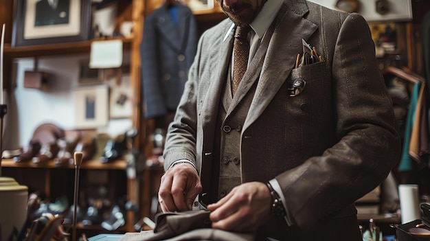 Foto un hombre bien vestido en un traje está cosiendo cuidadosamente una prenda de vestir él está en una tienda de sastre rodeado de pernos de tela y otros suministros de costura